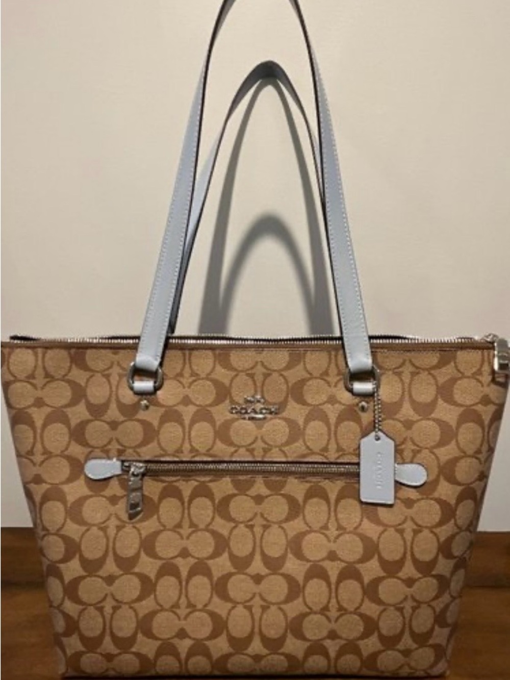 Coach Tan Signature Jacquard Tote with Light Blue Leather Trim